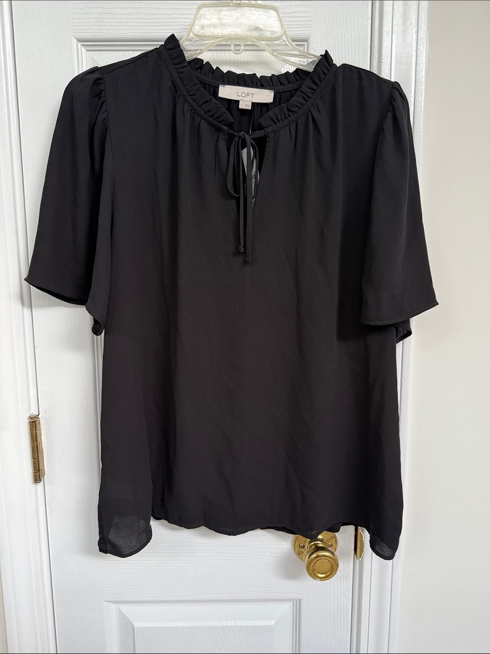 LOFT Black Ruffle Tie-Neck Short Sleeve Blouse